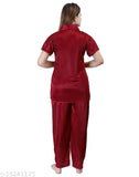 Marron satin Ansh Collection women's nightsuit with notch collar, includes shirt and pyjama set, elegant sleepwear for summer nights