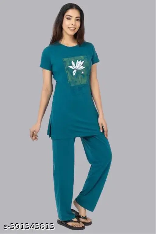 Green cotton pyjamas with beautiful print for women, premium quality Indian-made nightsuit