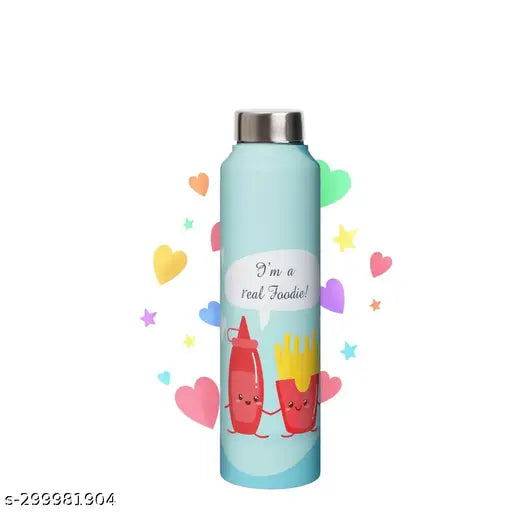 Stainless Steel 1L Water Bottle - Leak-proof for Fridge, School, Gym, Home, Office, Kids & Adults - Blue, Blossom Design, Foodie Steel Cap