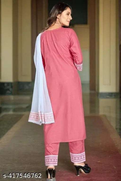 CLAVINET attractive cotton blend kurta set with dupatta and bottomwear, three-quarter sleeves, printed pattern on display