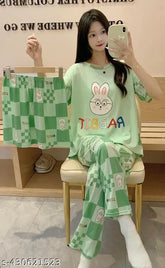 Adorable printed cotton blend nightsuit set with T-shirt, pants, and lower in three sizes (M, L), India origin