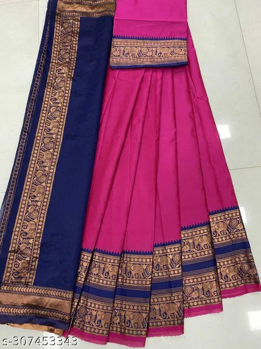 Pink art silk lehenga & dupatta for kids, traditional South Indian style with knife pleated skirt, puff sleeves, and zari border, India origin