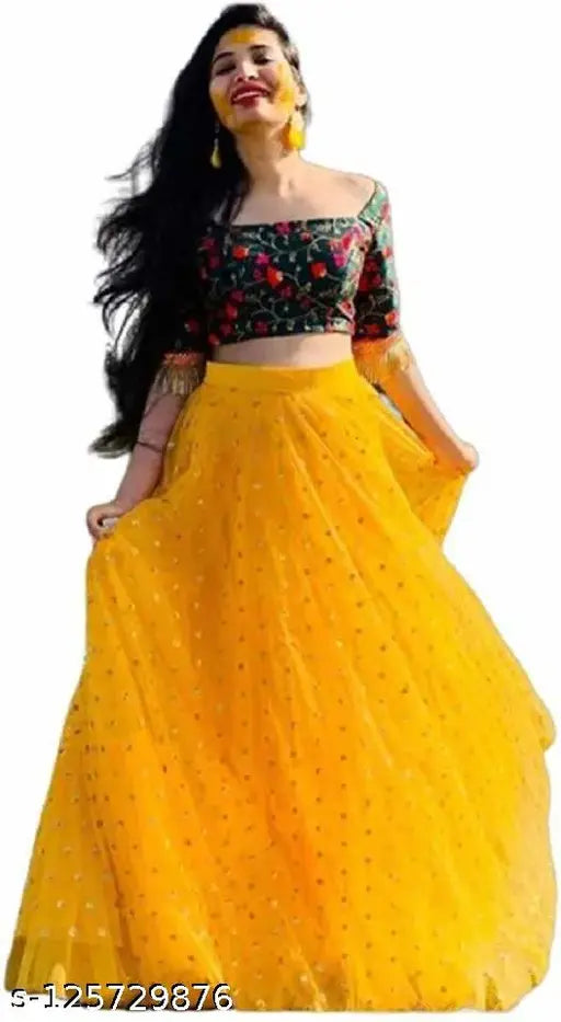 Embroidered Georgette Blouse-Lehenga with Net Dupatta, Indian designer wear in free size