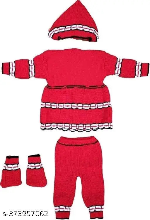 Red woolen Firok sleeved baby winter wear - printed net pattern, easy care, cozy and warm for infants (0-1 years)