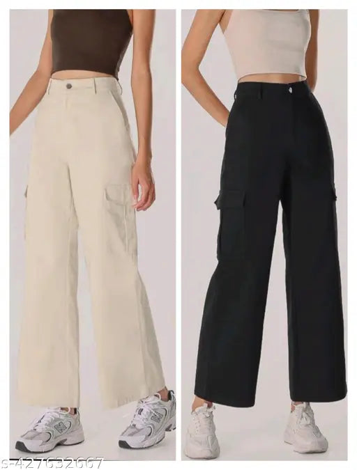 Black-and-cream cotton blend cargo pants pack of 2 for men, solid pattern in various sizes from S to XL