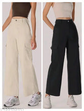 Black-and-cream cotton blend cargo pants pack of 2 for men, solid pattern in various sizes from S to XL