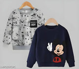 PureLegacy kids pack of 3 polyester sweatshirts, long sleeves with printed net pattern. Sizes include 0-6 months, 6-12 months, and more for age group 0-7 years. Made in India