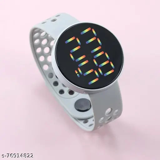 Grey stylish digital watch with rainbow LED lights, unisex size, perfect for kids accessory