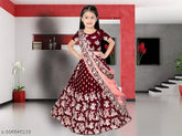 Cotton silk and taffeta embroidered lehenga for girls in various sizes, featuring long sleeves. Indian designer dress with net dupatta for new parties or weddings. Available in red, blue, pink, yellow, black, white, green color options