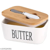 Ceramic butter dish with bamboo lid, large capacity, white. Lead-free porcelain, stainless steel knife, sealing ring. Perfect for West/East Coast butter storage