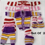 Striped wool winter suits for babies (0-3 months), includes 2 sets (tops, pajamas, caps, socks) - random colors, Indian origin