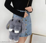 Grey flurry animal print sling bag with soft cute rabbit design, fabric material, single compartment