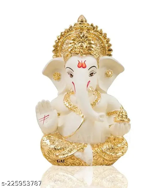 Gold-plated ceramic Ganesha idol, 3.5 x 2 inches, hand-painted off-white terracotta. Ornate Hindu deity sculpture for car dashboard or home decor