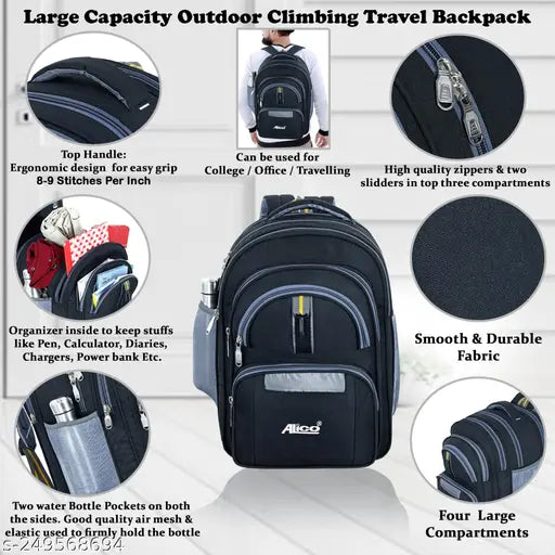 Large waterproof polyester backpack, ideal for school, college, office, and traveling with 1 lunch bag. Dimensions: 29x18x39cm (Free Size). Made in India