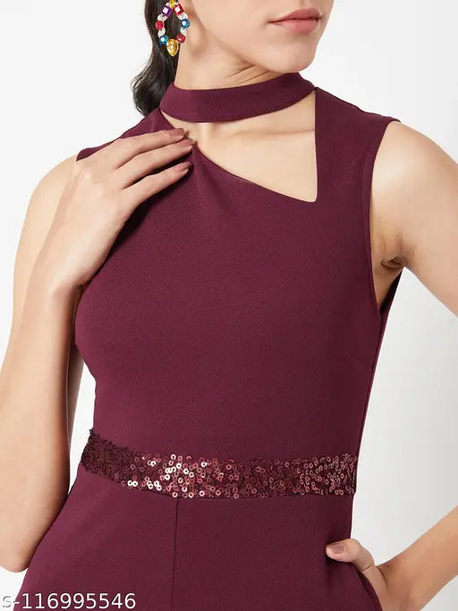 Maroon polyester Miss Chase women's sleeveless v-neck jumpsuit with sequin belt, wine knitted solid asymmetric cut-out design