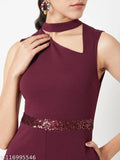 Maroon polyester Miss Chase women's sleeveless v-neck jumpsuit with sequin belt, wine knitted solid asymmetric cut-out design