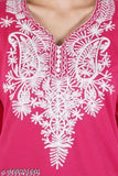 Pink embroidered A-Line wool kurta with three-quarter sleeves, perfect winterwear for women. Embroidered woolen kurta from India