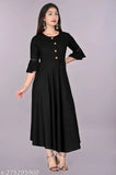 Black Rayon bell sleeves kurti with solid pattern, 3/4 sleeve length and round flared style for casual or formal wear, machine washable