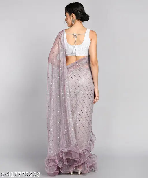 White Malai Silk frill work saree with chiffon blouse piece, free size, Indian handcrafted traditional wear