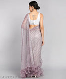 White Malai Silk frill work saree with chiffon blouse piece, free size, Indian handcrafted traditional wear