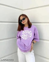 Oversized lavender cotton-blend t-shirt with three-quarter sleeves and printed pattern, yellow option also available - Indian made fashion