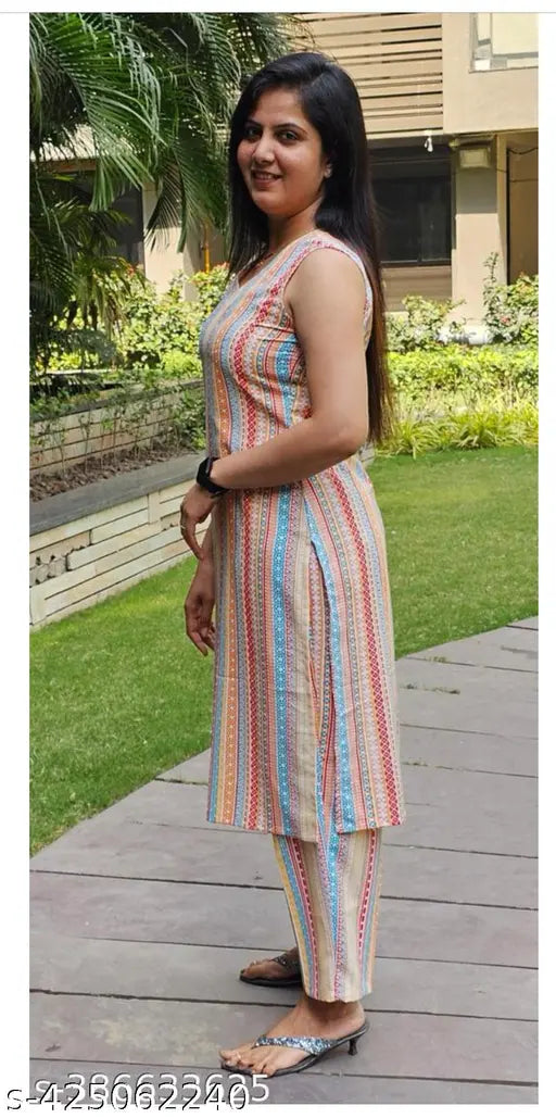 Orange cotton printed kurta and palazzo lining set with V-neck, sleeveless design, for adult women's family functions. Indian-inspired striped net pattern on pure cotton fabric