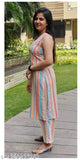 Orange cotton printed kurta and palazzo lining set with V-neck, sleeveless design, for adult women's family functions. Indian-inspired striped net pattern on pure cotton fabric