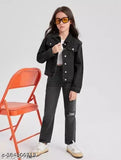 Black denim jacket, trendy fashionable kids plain black jacket with long sleeves, solid design for girls aged 5-11 years. Made in India