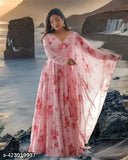 Premium export quality light pink & green lace gown, georgette fabric, long sleeves, party wear for women and girls