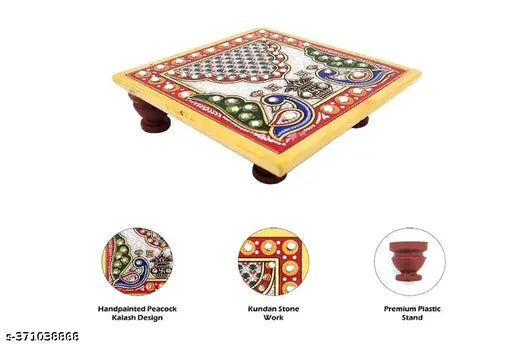 Handcrafted peacock-design marble mini chowki for pooja, 4" square, exquisite home decor piece for your temple