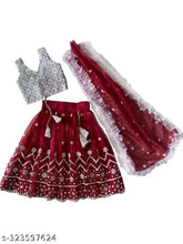 Solid Ethnic taffeta silk choli with net dupatta, embellished, sleeveless, for kids 6-8 years (Indian traditional wear)