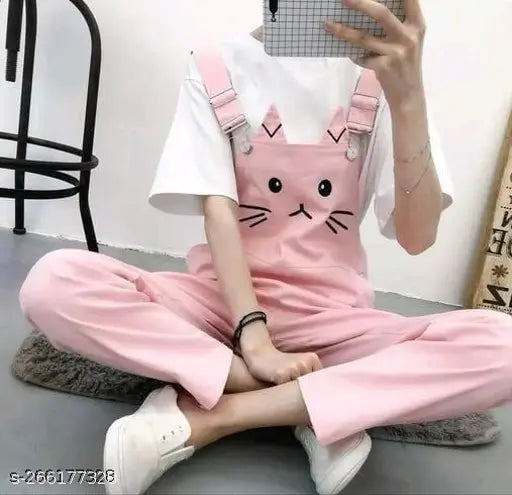 Cotton-blend women's sleeveless round neck pink cat print dungaree, classic enterprise style