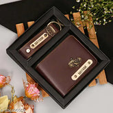 Brown canvas and leather customized wallet 2 combo with hook keychain, personalized with name, solid net pattern, free size (7cm x 7cm), mens wallet purse