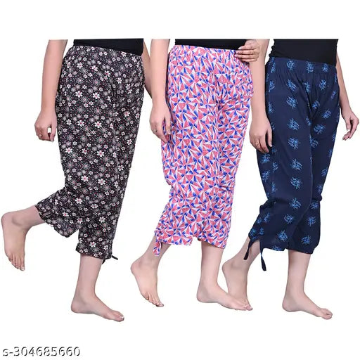 Women's cotton printed 3/4 capri pajama lower (new model-63) combo pack of 3 - calf-length, all-over print, breathable cotton blend