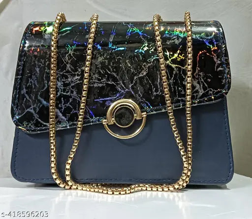 Elegant quilted PU crossbody sling bag with golden chain, sequins, and silk bottom - versatile evening purse for women