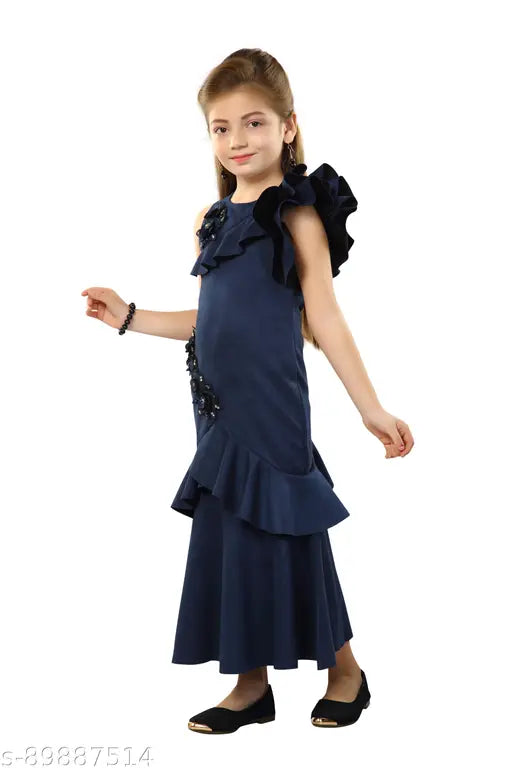 Kids girls Western gown dress, polyester sleeveless maxi dress with floral handwork, ideal for parties and occasions (India)