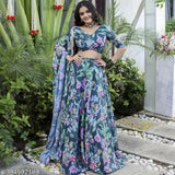 Fashion Squad p201 Floral Faux Georgette Lahenga Set: Choli with digital print, semi-stitched, free size, flair 3.8m, inner micro cotton
