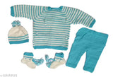 Handmade woolen striped sweater set with pajamas and cap for 0-12 months babies (India)