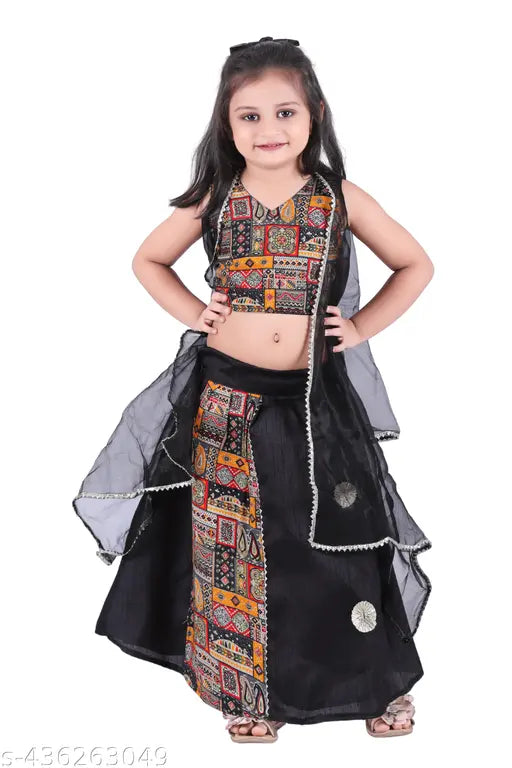 Girls new Sharara set for festive and wedding wear, cotton silk lehenga with dupion silk dupatta and net sleeves, self-designed, sleeveless, stitched net, various sizes available from 1-2 years to 7-8 years, India origin