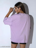 Oversized lavender cotton-blend t-shirt with printed net pattern, three-quarter sleeves. Ideal for casual, sustainable fashion