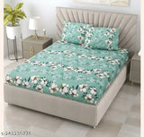 Green cotton feel elastic fitted bedsheet with 2 king-size pillow covers, double bed size 72x78x10 inches, floral print
