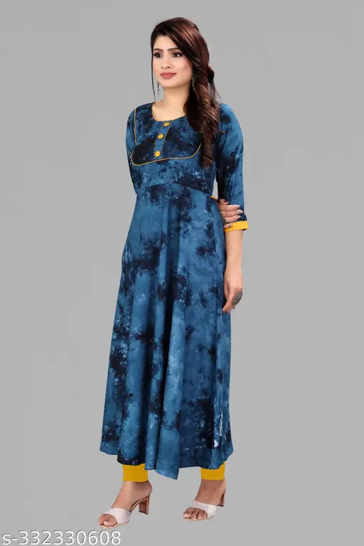 Navy Rayon Anarkali Kurti with Dori Patches, three-quarter sleeves, best for daily use or special occasions