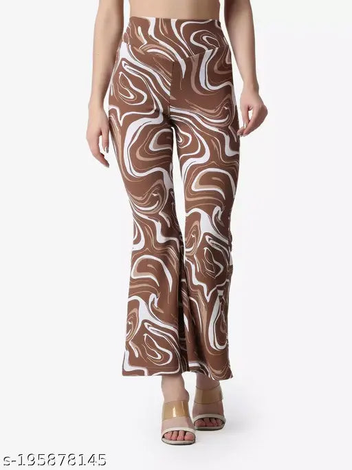 Brown poly blend printed flat-front trousers, versatile women's pants for any occasion, Indian origin