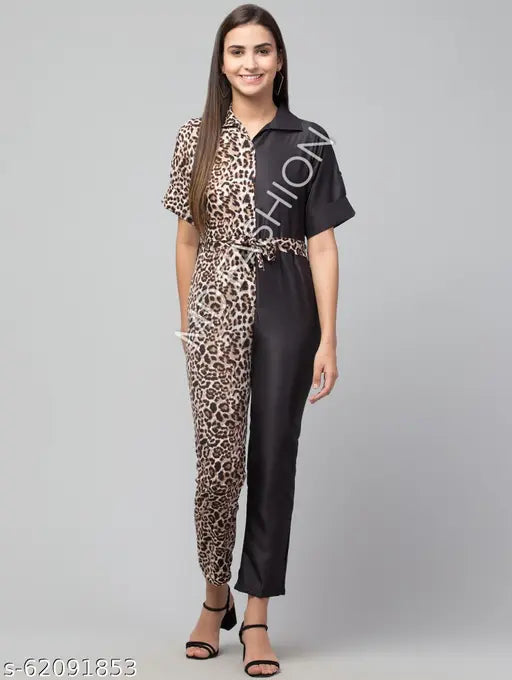 Dual tone animal printed poly crepe jumpsuit with short sleeves, vibrant pattern, and flattering fit (N: XS, S, M) - Indian fashion statement