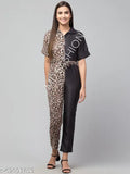 Dual tone animal printed poly crepe jumpsuit with short sleeves, vibrant pattern, and flattering fit (N: XS, S, M) - Indian fashion statement