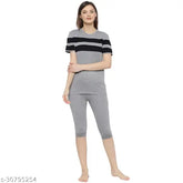 Grey colorblocked cotton blend women's capri nightsuit, skin-friendly for comfort
