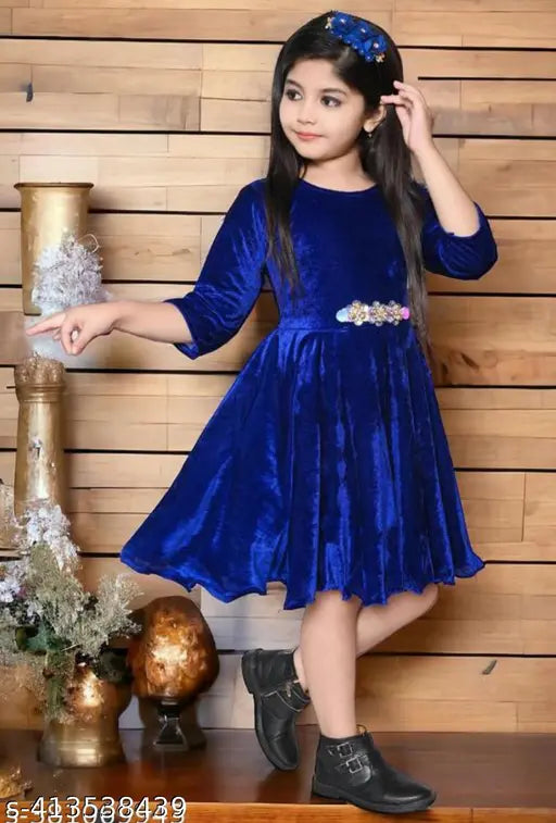 Velvet dress for girls, single piece, three-quarter sleeves, solid net, premium quality wool, 1-12 years, India