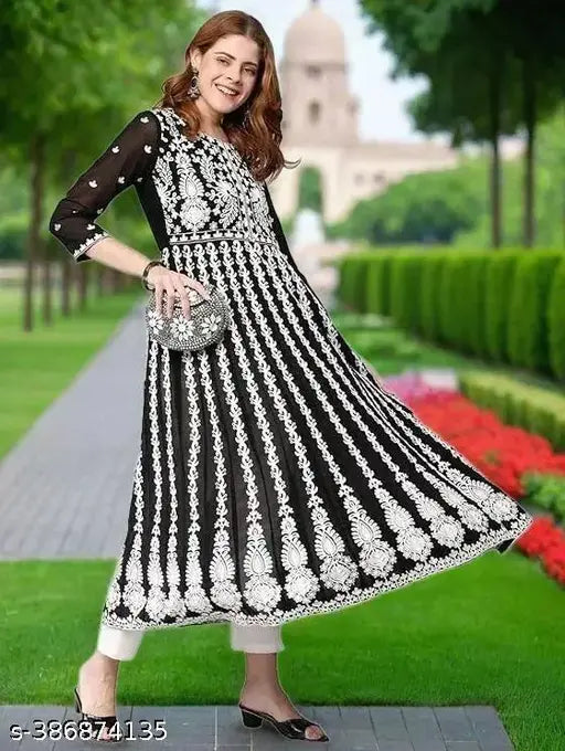 Black embroidered Chikankari Georgette Anarkali Kurta, three-quarter sleeves on Indian woman, Indira Fashion women's black size S-L