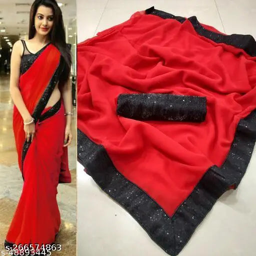 Heavy Georgette embroidery Indian saree with lace border and matching dupion silk blouse, Bollywood style, free size