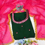 Trendy green bandhni dupatta with mirror work, digital print & three-quarter sleeves. Fox Georgette fabric, embellished for casual dressing. Made in India, maxi gown pairing option